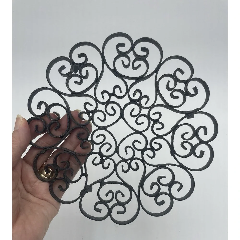 Vintage Footed Scroll Wrought Iron Black Trivet Hot Pad Or Riser for Plant Stand
